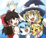  :3 alice_margatroid alice_margatroid_(cosplay) aqua_hair bird blonde_hair blue_eyes braid brown_hair capelet cirno cirno_(cosplay) cosplay crossover gen_1_pokemon gen_4_pokemon hair_ribbon hairband hakurei_reimu hat hat_ribbon high_five kirisame_marisa multiple_girls muraziti-zu nintendo one_eye_closed parody penguin pikachu piplup pokemon pokemon_(creature) red_eyes ribbon short_hair style_parody touhou witch_hat yellow_eyes 