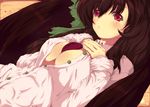 :&lt; aruu_(memories) bad_id bad_pixiv_id between_breasts black_hair blush breasts cleavage large_breasts long_hair open_clothes open_shirt red_eyes reiuji_utsuho shirt solo touhou wings 