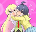  ahoge angry black_hair blonde_hair blouse blue_eyes heart katagiri_himeko kiss kon_(kukiinu7) labcoat long_hair lowres momotsuki_gakuen_school_uniform multiple_girls one_eye_closed pani_poni_dash! rebecca_miyamoto sailor_collar school_uniform short_hair yellow_blouse yellow_sailor_collar yuri 