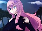  bare_shoulders blue_eyes bodysuit breasts cloud fingerless_gloves gloves kanaranshi keychain large_breasts long_hair megurine_luka meiko night pink_hair solo sparkle tree vocaloid 