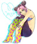  bare_shoulders black_hair boots double_bun green_eyes green_lipstick green_nails hanaichi_(hana13) highres jojo_no_kimyou_na_bouken kuujou_jolyne leg_hug lipstick makeup midriff multicolored_hair nail_polish pants pink_hair smile solo star star_print stone_ocean tattoo two-tone_hair 