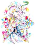  colorful flower hat legomaru saigyouji_yuyuko solo touhou traditional_media watercolor_(medium) 