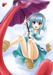  blue_eyes blue_hair duplicate fang geta heterochromia karakasa_obake okitakung purple_umbrella red_eyes sandals short_hair solo tatara_kogasa tongue touhou ufo umbrella 