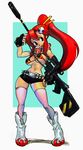  alex_ahad anti-materiel_rifle bad_deviantart_id bad_id belt bikini_top boots breasts cleavage collaboration fingerless_gloves gloves gun hair_ornament long_hair medium_breasts pink_legwear ponytail red_hair rifle scarf shorts skull_hair_ornament sniper_rifle solo steven_mack tengen_toppa_gurren_lagann thighhighs underboob weapon yoko_littner 