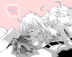  1girl bare_shoulders couple heart hetero holding_hands kanke_(yonkuma) kiss long_hair lying monochrome nia_teppelin pink_background simon tengen_toppa_gurren_lagann 