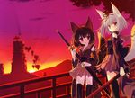  2girls animal_ears brown_hair foxgirl headband katana kokonobi nanao_naru original short_hair sunset sword tail thighhighs weapon white_hair 