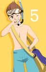  bag brown_eyes brown_hair celestial_s countdown diving_mask grin karol_capel male_focus number one_eye_closed pants rubbing shirtless smile snorkel solo tales_of_(series) tales_of_vesperia yellow_background 