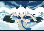  ahoge alternate_hair_color aqua_eyes arms_up bad_id bad_pixiv_id banned_artist cloud floating_hair harano hatsune_miku letterboxed long_hair necktie sky solo twintails very_long_hair vocaloid white_hair 
