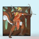  arrow bandage blonde_hair blue_eyes body_markings boots bow bow_(weapon) breasts cleavage clothed clothing facial_markings feather female gloves hair hunter indian knife loincloth mammal markings oonami outside polearm ranged_weapon rodent skeeter_(artist) solo spear squirrel tree tribal weapon wood 