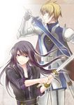  armor belt black_eyes black_hair blonde_hair coat flynn_scifo gloves knight long_hair male_focus mikou_(monpamanpe) multiple_boys profile smile sword tales_of_(series) tales_of_vesperia weapon yuri_lowell 