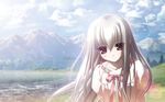  albino blurry blush chikotam cloud day eden_they_were_only_two_on_the_planet game_cg hair_between_eyes lake long_hair minori mountain nature outdoors ribbon scenery silver_hair sion_(eden) sky smile sunlight tree 