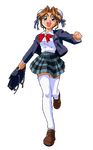  :d blazer briefcase brown_hair bun_cover double_bun full_body hayasaka_akira jacket long_sleeves official_art open_mouth pixel_art plaid running school_uniform smile solo super_real_mahjong thighhighs transparent_background white_legwear zettai_ryouiki 