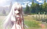  albino chikotam cloud eden_they_were_only_two_on_the_planet game_cg light_smile long_hair minori mountain nature ribbon scenery silver_hair sion_(eden) sky sunlight tree 