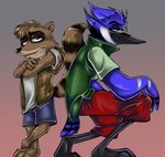  avian bird blue_jay clothing darkpenguin duo gradient_background male mammal mordecai pose raccoon regular_show rigby shirt shorts smile tail vest 