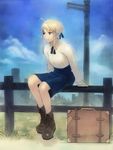  ahoge artoria_pendragon_(all) bare_legs blonde_hair boots castle casual dress england fate/stay_night fate_(series) fence green_eyes hair_ribbon qbase ribbon saber sign sitting solo suitcase 
