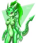  blush breasts claws dragon female green green_hair green_scales hair horn mnxenx001 nipples nude pussy red_eyes scalie simple_background solo 