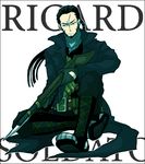  belt black_border black_hair boots border character_name frown full_body gun long_hair male_focus pants ponytail ricardo_soldato rifle sitting solo sudachips tales_of_(series) tales_of_innocence trench_coat weapon white_background 