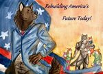  anthro canine english_text fallout fox male mammal power_armor propaganda tail text wolf 
