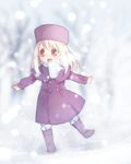  bad_id bad_pixiv_id blush boots breath child fate/zero fate_(series) fur_hat hat illyasviel_von_einzbern jacket open_mouth outstretched_arms purple_footwear purple_hat red_eyes scarf snow solo spread_arms standing standing_on_one_leg sunameri_oishii white_hair white_scarf younger 