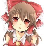  ascot bad_id bad_pixiv_id bare_shoulders blush bow brown_hair detached_sleeves dress face hair_bow hair_tubes hakurei_reimu head_tilt heart heart-shaped_pupils open_mouth red_dress red_eyes smile solo symbol-shaped_pupils touhou upper_body yamasuta 