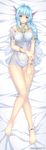  anklet armlet bare_legs barefoot bed_sheet blue_hair bracelet braid breasts dakimakura emil_chronicle_online full_body grey_eyes hair_over_shoulder head_fins jewelry legs lintanghaseo long_hair looking_at_viewer lying medium_breasts navel necklace on_back panties ring rorona see-through single_braid solo thigh_gap underwear white_panties 