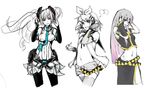  belt breasts bridal_gauntlets collaboration detached_sleeves gloves gradient_hair hatsune_miku hatsune_miku_(append) headphones kagamine_rin listening_to_music long_hair long_skirt megurine_luka microskirt midriff multicolored_hair multiple_girls musical_note na_young_lee navel necktie panties_(pantsu-pirate) partially_colored pink_hair pleated_skirt riftgarret short_hair short_shorts shorts side_slit skirt small_breasts thighhighs twintails vocaloid vocaloid_append white_skirt zettai_ryouiki 