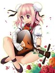  bad_id bad_pixiv_id bandages bow breasts bun_cover chinese_clothes double_bun flower ibaraki_kasen instrument kotomuke_fuurin lute_(instrument) pink_eyes pink_flower pink_hair pink_rose rose short_hair small_breasts smile solo touhou 