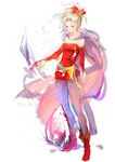  alternate_hair_color blonde_hair boots cape dated detached_sleeves dissidia_012_final_fantasy dissidia_final_fantasy dress earrings final_fantasy final_fantasy_vi hair_ribbon highres jewelry pantyhose petals ponytail purple_eyes purple_legwear red_dress ribbon shoes short_dress short_hair sketch smile solo standing strapless strapless_dress suwi_(kabotyaumai) tina_branford 