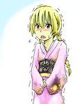  blonde_hair blush braid igarashi_kaede japanese_clothes kimono long_hair lowres open_mouth orange_eyes seitokai_yakuindomo shaking sweatdrop twin_braids yukata 