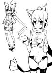  ahoge animal_ears bad_id bad_pixiv_id cat_ears greyscale highres kiki_(koba) koba lowleg midriff monochrome navel original scarf short_hair shorts thighhighs 