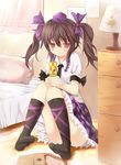  bad_id bad_pixiv_id bed bedroom brown_eyes brown_hair cellphone checkered checkered_skirt efe feet hair_ribbon hat himekaidou_hatate indoors kneehighs lace lace-trimmed_skirt leg_ribbon miniskirt phone pillow purple_skirt red_eyes ribbon shirt sitting skirt solo tokin_hat touhou twintails 