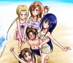  1boy 5girls amakusa_shino bare_shoulders beach bikini black_hair blonde_hair blush breasts brown_hair cleavage dokuna eyes_closed from_above hagimura_suzu large_breasts long_hair multiple_girls open_mouth seitokai_yakuindomo shichijou_aria short_hair smile sweatdrop swimsuit tongue tsuda_kotomi tsuda_takatoshi twintails yokoshima_naruko 