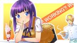  1girl apron blonde_hair blue_eyes blush chin_rest food hair_over_one_eye kuri_youkan long_hair mouth_hold open_mouth parfait purple_hair satou_jun short_hair smile spoon thighhighs tsurime waitress working!! yamada_aoi 