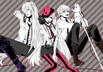  2girls glasses hiyama_kiyoteru kamui_gakupo long_hair megurine_luka microphone microphone_stand monochrome multiple_girls necktie pantyhose ponytail red_eyes riff_(artist) shorts spot_color striped striped_legwear vertical-striped_legwear vertical_stripes very_long_hair vintage_microphone vocaloid 