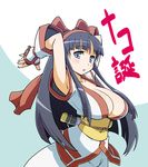  armpits arms_up black_hair blue_eyes blush bow breasts cleavage fingerless_gloves gloves haganemaru_kennosuke hair_bow hairband large_breasts long_hair nakoruru obi open_mouth red_bow samurai_spirits sash simple_background solo weapon 