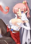  ;o blush breasts bulge cape chrono_trigger covering covering_breasts elbow_gloves erection erection_under_clothes flea_(chrono_trigger) futanari gloves large_breasts miniskirt nagase_haruhito newhalf one_eye_closed open_mouth pantyhose penis_in_pantyhose pink_hair pleated_skirt pointy_ears ponytail purple_eyes red_skirt skirt solo testicles tongue torn_clothes torn_legwear 