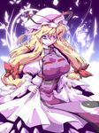  blonde_hair breasts dress dress_lift ekus_(xo_ekus) floral_background hair_ribbon hat hat_ribbon large_breasts light_smile long_hair purple_eyes ribbon solo tabard touhou trigram white_dress yakumo_yukari 