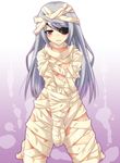  bdsm blush bondage bound bound_arms eyepatch halloween infinite_stratos kneeling laura_bodewig long_hair looking_at_viewer mummification mummy red_eyes silver_hair solo tsukishiro_kou 