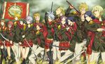  6+girls ace_(fft-0) akademeia_uniform arrow belt bike_shorts black_hair black_legwear blonde_hair blue_eyes bow_(weapon) brown_eyes brown_hair buckle cape card cater_(fft-0) chain cinque_(fft-0) cloud coat dagger deuce_(fft-0) eight_(fft-0) final_fantasy final_fantasy_type-0 flag glasses green_eyes gun hair_ornament highres holding holding_card jack_(fft-0) katana king_(fft-0) knockout_(kimi0228) kunagiri_machina layer_(fft-0) military military_uniform miniskirt multiple_boys multiple_girls nine_(fft-0) open_mouth plaid plaid_skirt pleated_skirt ponytail queen_(fft-0) red_eyes red_skirt sam_browne_belt scarf school_uniform scythe seven_(fft-0) shoes short_hair shorts shorts_under_skirt sice_(fft-0) silver_hair skirt smile staff sword thighhighs tokimiya_rem trey_(fft-0) twintails uniform weapon whip white_hair zettai_ryouiki 