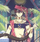  arabian_clothes armband bad_id bad_pixiv_id black_hair coin coin_(ornament) crop_top earrings enk hookah jewelry judal leaf magi_the_labyrinth_of_magic male_focus midriff neck_ring necklace red_eyes snake solo 