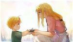 1girl :&lt; apron bad_id bad_pixiv_id blonde_hair blue_eyes fullmetal_alchemist long_hair mother_and_son motherly ponytail riru sidelocks sleeves_pushed_up smile spoilers toy winry_rockbell 