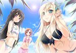  aqua_eyes bikini black_bikini black_hair blonde_hair blush boku_wa_tomodachi_ga_sukunai breasts brown_eyes brown_hair bug butterfly butterfly_hair_ornament cloud crossed_arms day front-tie_top hair_ornament insect kashiwazaki_sena kusunoki_yukimura lens_flare long_hair medium_breasts mikazuki_yozora multiple_girls navel pink_sarong sarong short_hair sky small_breasts smile strap_gap summer swimsuit yukinon_(tsuki_koubou) 