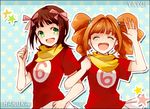  amami_haruka ascot bad_id bad_pixiv_id brown_hair closed_eyes green_eyes idolmaster idolmaster_(classic) long_hair multiple_girls riri_(artist) shirt short_hair t-shirt takatsuki_yayoi twintails 