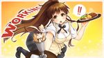  1girl :o apron blush breasts brown_eyes brown_hair food ice_cream k.y_ko large_breasts loafers long_hair open_mouth ponytail shoes solo sundae taneshima_popura tray waitress working!! 