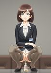  bottle bottomless brown_hair business_suit censored formal green_eyes looking_at_viewer mosaic_censoring name_tag office_lady ogino_atsushi original pee peeing peeing_in_bottle pubic_hair pussy short_hair skirt_suit smile squatting suit thighhighs 