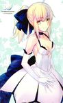  ahoge artoria_pendragon_(all) bare_shoulders blonde_hair bow breasts choker cleavage dress elbow_gloves fate/stay_night fate/unlimited_codes fate_(series) gloves green_eyes hair_ribbon halterneck highres non-web_source official_art ponytail ribbon saber saber_lily scan small_breasts smile solo takeuchi_takashi white_gloves 