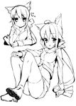  ahoge animal_ears bad_id bad_pixiv_id cat_ears greyscale highres kiki_(koba) koba lineart lying midriff monochrome navel on_stomach open_mouth original scarf short_hair shorts thighhighs 