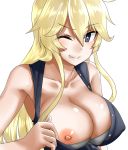  1girl 30-06 bare_arms blonde_hair blue_eyes breast_slip breasts collarbone hair_between_eyes highres iowa_(kantai_collection) kantai_collection large_breasts long_hair looking_at_viewer messy_hair navel one_eye_closed open_clothes self_exposure sidelocks simple_background smile solo star star-shaped_pupils symbol-shaped_pupils upper_body white_background 