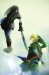  2boys armor blonde_hair blue_eyes dark_link duo elf link master_sword multiple_boys pointy_ears red_eyes shield sword the_legend_of_zelda tunic weapon weapons 