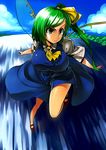  asakawa_remon ascot bare_legs breasts daiyousei dress frown green_eyes green_hair hair_ribbon huge_breasts long_hair mary_janes no_socks outstretched_arms ribbon shoes short_sleeves side_ponytail solo spread_arms touhou water wings 